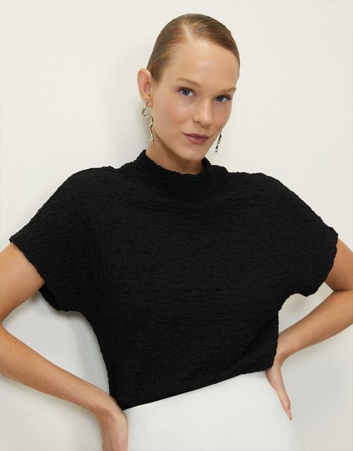 360 Black textured mock neck blouse