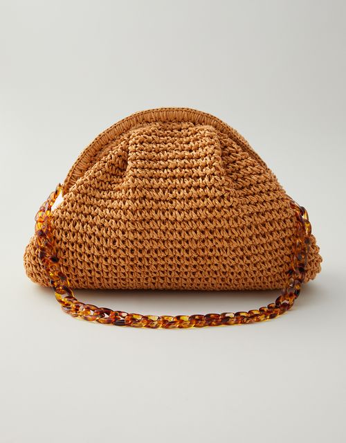 Straw clutch with natural chain handle.