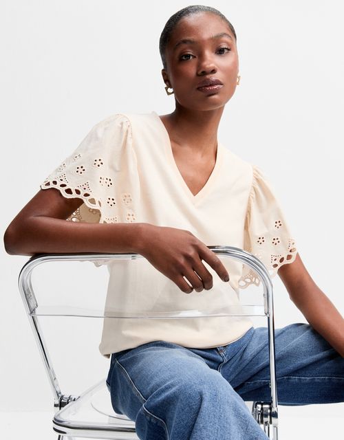 Sand v-neck blouse with eyelet sleeves