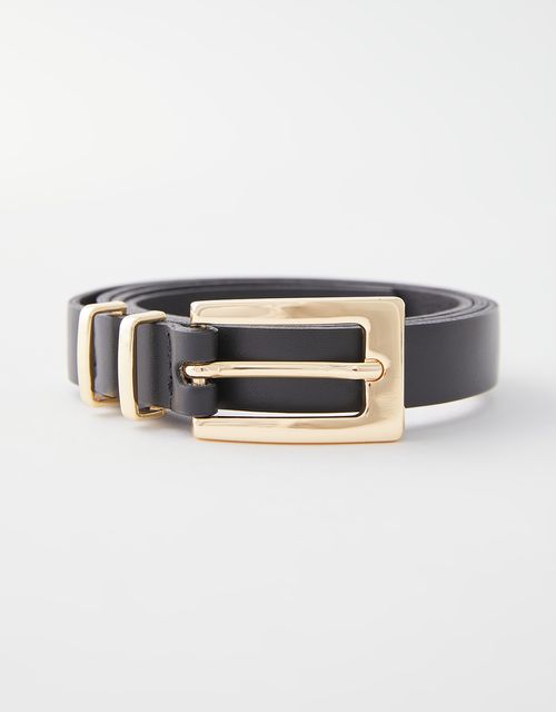 Black thin belt with gold buckle