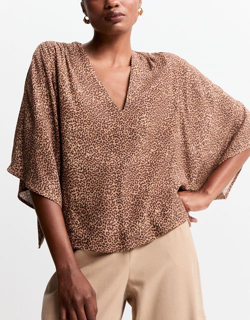 Ruched khaki leopard blouse