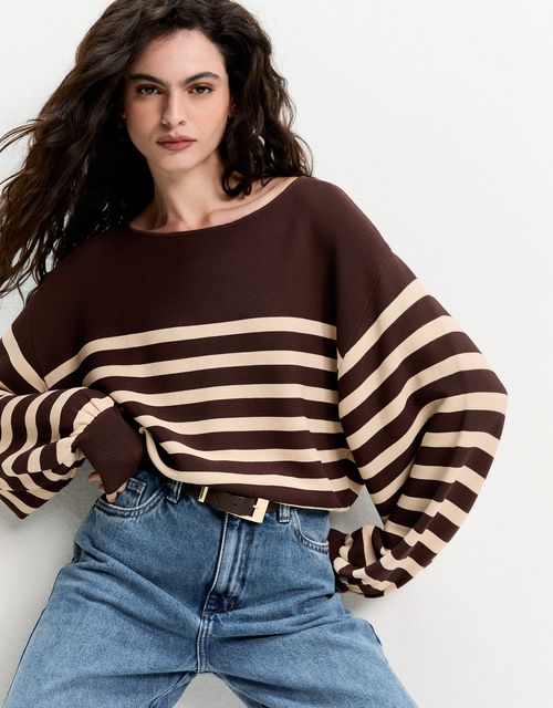 Brown wide striped knit blouse