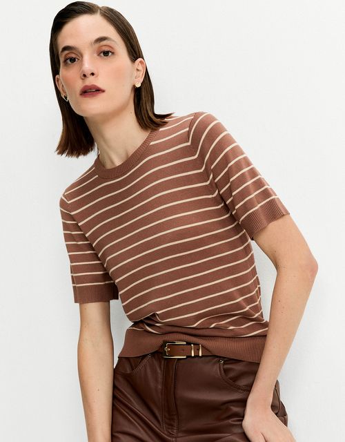 Striped basic knit t-shirt in camel
