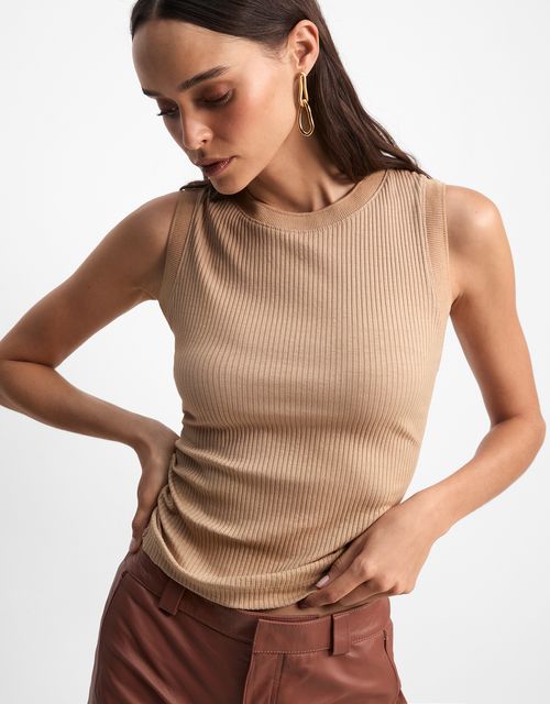 Beige straight ribbed tank top