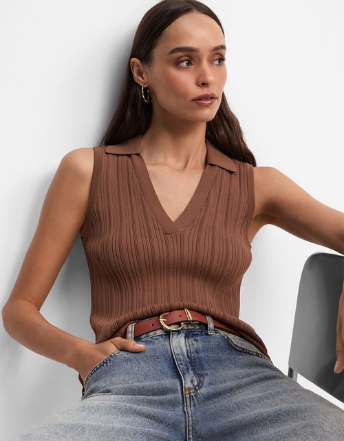 Ribbed knit polo tank top